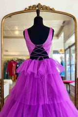 A-Line Crew Neck Lilac Tiered Tulle Long Formal Dresses