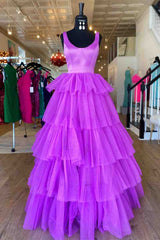 A-Line Crew Neck Lilac Tiered Tulle Long Formal Dresses