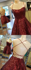 A Line Criss Cross Straps Back Burgundy Sequins Homecoming Dress