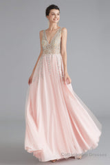 A Line Crystal Pink Split V Neck Backless Beaded Prom Dresses