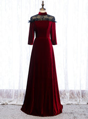 A-Line Dark Burgundy Velvet High Neck Short Sleeve Prom Dresses