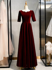 A-Line Dark Burgundy Velvet Short Sleeve Prom Dresses