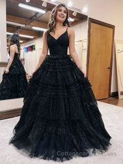 A-Line Deep V Neck Tiered Long Glitter Tulle Prom Dress