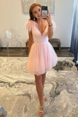 A-line Deep V Neck Tulle Homecoming Dresses with Feathers