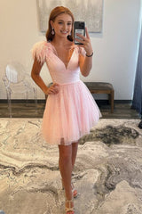 A-line Deep V Neck Tulle Homecoming Dresses with Feathers