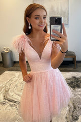 A-line Deep V Neck Tulle Homecoming Dresses with Feathers