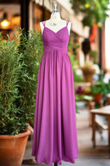 A-line Floor Length V Neck Spaghetti Straps Pleating Long Chiffon/Lace Bridesmaid Dresses