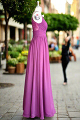 A-line Floor Length V Neck Spaghetti Straps Pleating Long Chiffon/Lace Bridesmaid Dresses