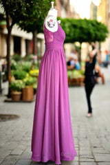 A-line Floor Length V Neck Spaghetti Straps Pleating Long Chiffon/Lace Bridesmaid Dresses