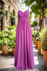 A-line Floor Length V Neck Spaghetti Straps Pleating Long Chiffon/Lace Bridesmaid Dresses