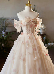 A-line Floral  Champagne Tulle Long Prom Dresses, Elegant A-Line Formal Evening Dresses