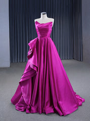 A-line Fuchsia Satin Strapless Pleats Prom Dresses