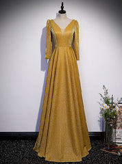 A-Line Gold V-neck Long Sleeve Prom Dresses