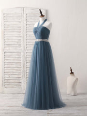 A-Line Gray Blue Tulle Long Bridesmaid Dress Gray Blue Prom Dress