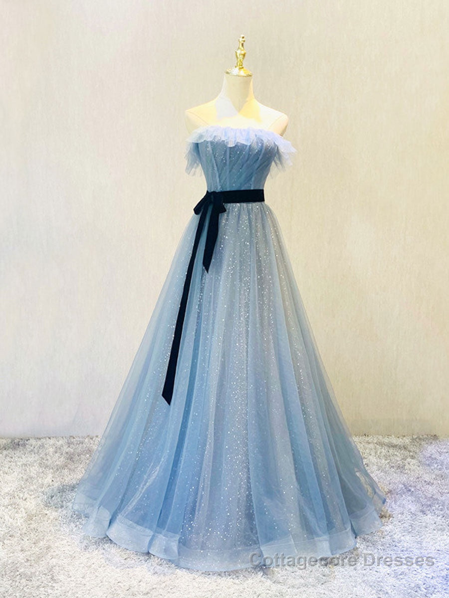 A-Line Gray Blue Tulle Long Prom Dress, Gray Blue Long Formal Dress