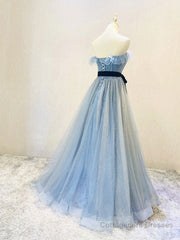 A-Line Gray Blue Tulle Long Prom Dress, Gray Blue Long Formal Dress