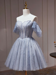 A-Line Gray Blue Tulle Short Prom Dress. Cute Gray Blue Homecoming Dress