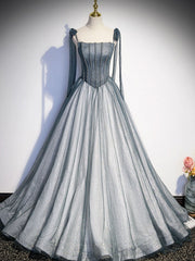 A Line Gray Long Prom Dresses, Tulle Gray Formal Graduation Dress with Beading