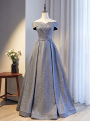 A-Line Gray Off the Shoulder Formal Prom Dresses