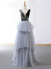 A-Line Gray Tulle Black Velvet Bateau Backless Prom Dresses