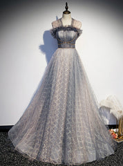 A-Line Gray Tulle Pleats Beading Prom Dresses