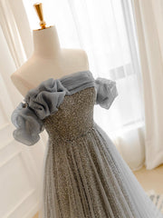 A-Line Gray Tulle Sequin Long Prom Dresses, Gray Long Formal Dresses