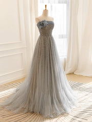 A-Line Gray Tulle Sequin Long Prom Dresses, Gray Long Formal Dresses