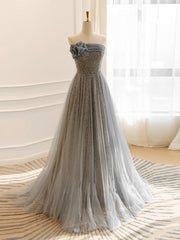 A-Line Gray Tulle Sequin Long Prom Dresses, Gray Long Formal Dresses