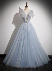 A-Line Gray Tulle Sequins Prom Dresses