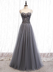 A-Line Gray Tulle Spagehtti Straps Sequins Prom Dresses