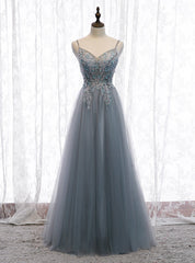 A-Line Gray Tulle Spaghetti Straps Sequins Prom Dresses