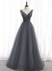 A-Line Gray Tulle V-neck Backless Beading Prom Dresses