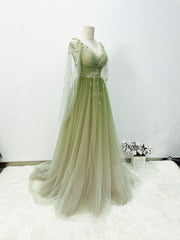 A-line Green Gradient Puffy Sleeves Tulle Long Party Dress, Green Long Prom Dress