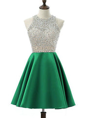 A-Line Green Satin Backless Beading Sequins Homecoming Dresses