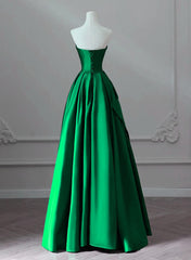 A-line Green Satin Lace-up Floor Length Party Dresses, Green Satin Prom Dresses