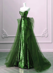 A-Line Green Sequins And Tulle Long Party Dress, Green Evening Dress Formal Dress