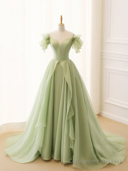 A-Line Green Tulle Long Prom Dress, Green Tulle Long Formal Dress