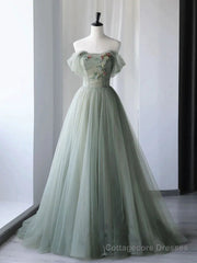 A-Line Green Tulle Long Prom Dress,Unique Formal Evening Dresses