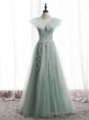 A-Line Green Tulle Sequins High Neck Backless Appliques Prom Dress