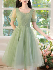 A-Line Green Tulle Short Prom Dress, Green Short Formal Dress