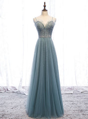 A-Line Green Tulle Spaghetti Straps Beading Prom Dresses