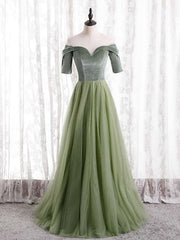 A-Line Green Tulle Velvet Short Sleeve Prom Dresses