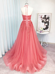 A-line Halter Appliques Lace Sweep Train Tulle Dress