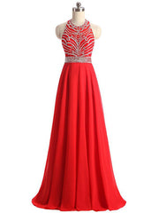 A-Line Halter Backless Chiffon Beading Sequins Prom Dresses