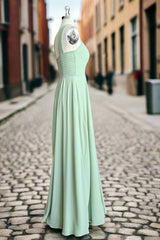 A Line Halter Chiffon Green Pleated Long Bridesmaid Dress