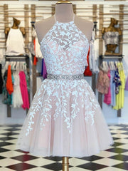 A Line Halter Neck Short Champagne Lace Prom Dresses,Lace Formal Homecoming Dresses