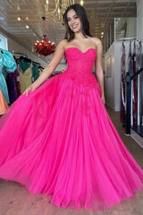 A-Line Hot Pink Tulle Lace StraplessLong Prom Dresses