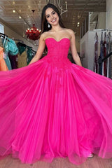 A-Line Hot Pink Tulle Lace StraplessLong Prom Dresses