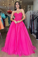 A-Line Hot Pink Tulle Lace StraplessLong Prom Dresses