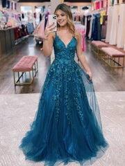 A Line Ink Blue Glitter Tulle Lace Prom Dresses